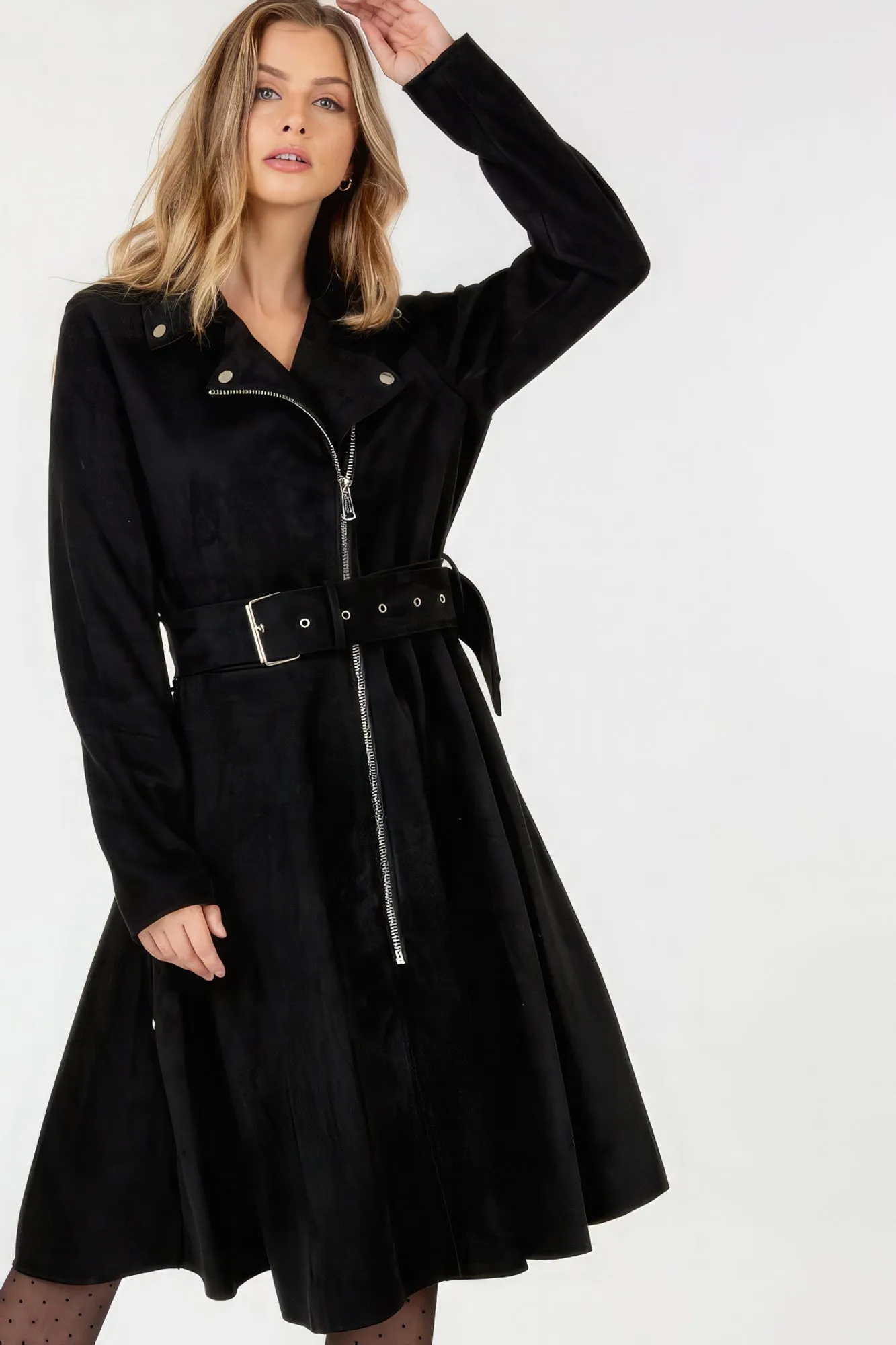 Waist Belt Tacked Faux Suede Coat Solid Coat