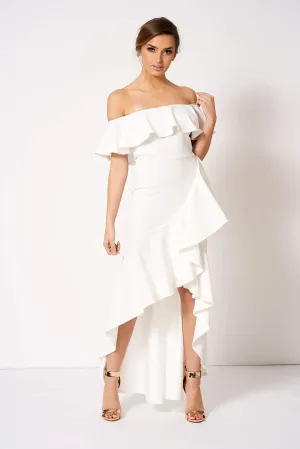 White Bardot Asymmetric Frill Maxi Dress