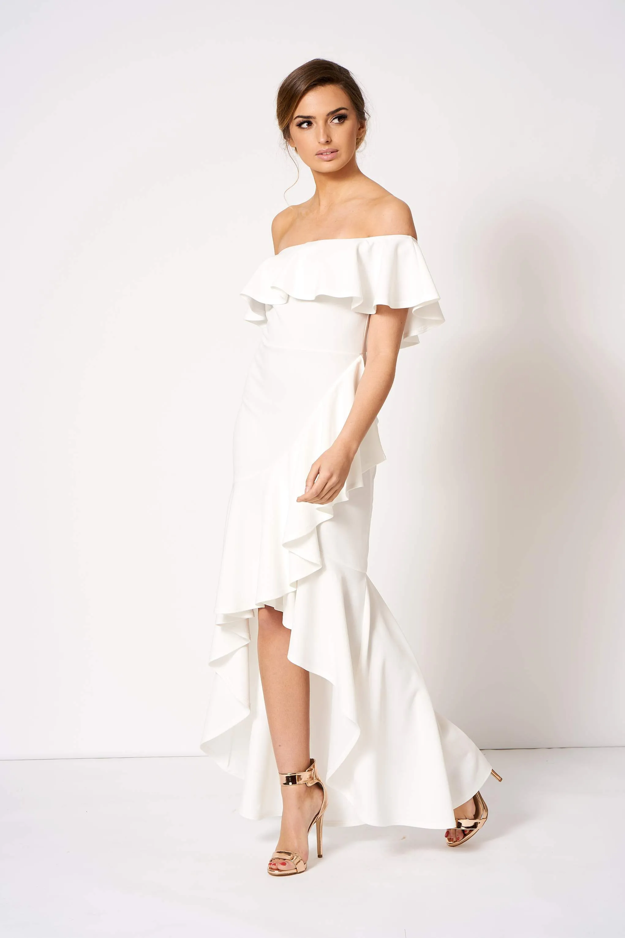 White Bardot Asymmetric Frill Maxi Dress