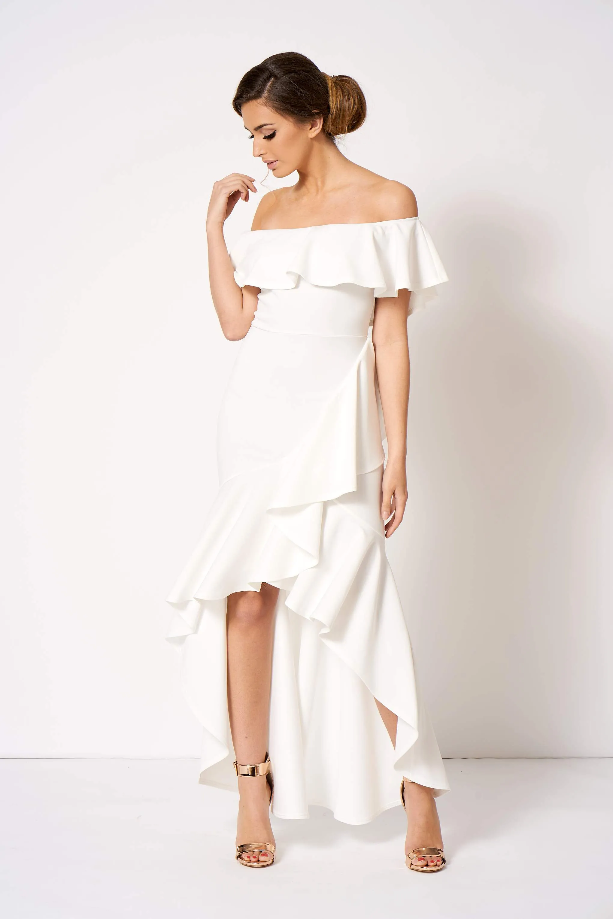 White Bardot Asymmetric Frill Maxi Dress