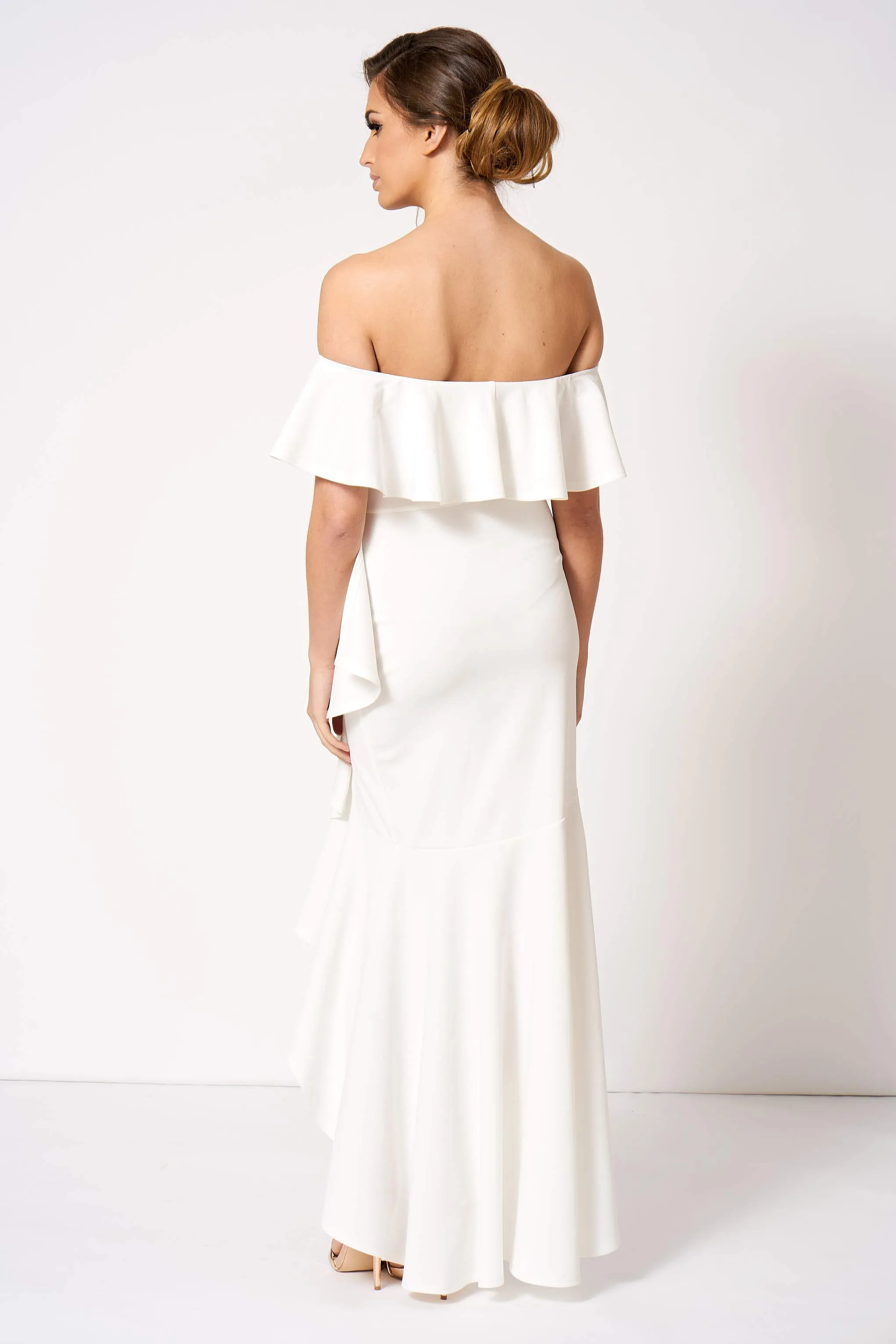 White Bardot Asymmetric Frill Maxi Dress