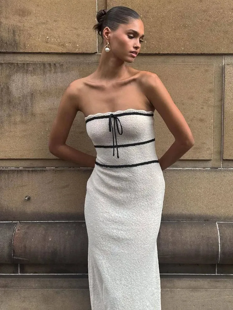 White Knitted Strapless Slim Women's Sleeveless Maxi Dress for Spring/Autumn