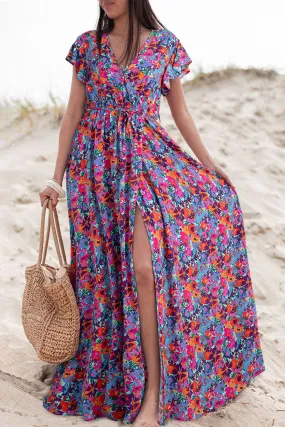 Wholesale Blue Boho Floral Print V Neck Wrap Split Maxi Dress