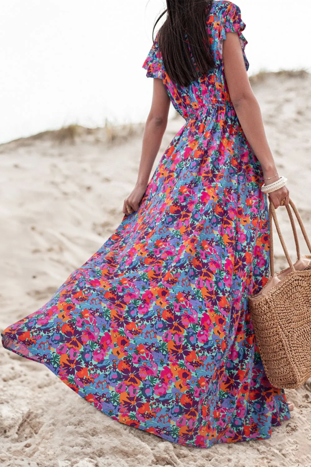 Wholesale Blue Boho Floral Print V Neck Wrap Split Maxi Dress