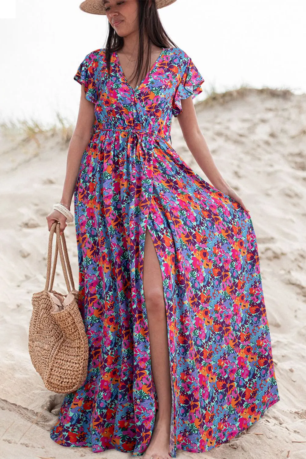 Wholesale Blue Boho Floral Print V Neck Wrap Split Maxi Dress