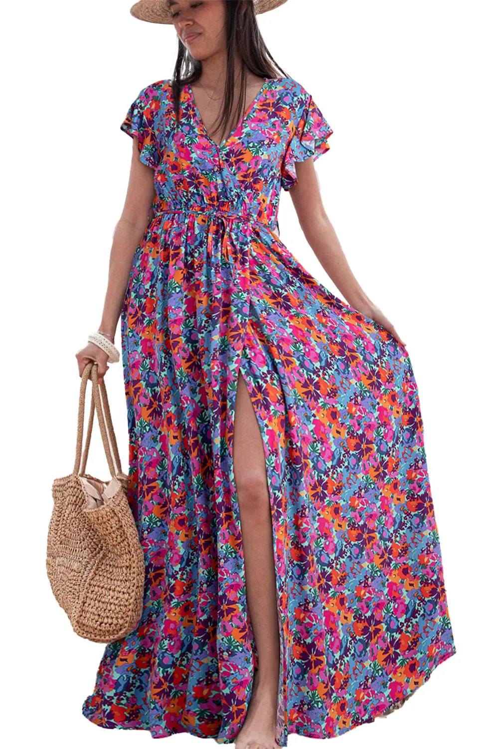 Wholesale Blue Boho Floral Print V Neck Wrap Split Maxi Dress