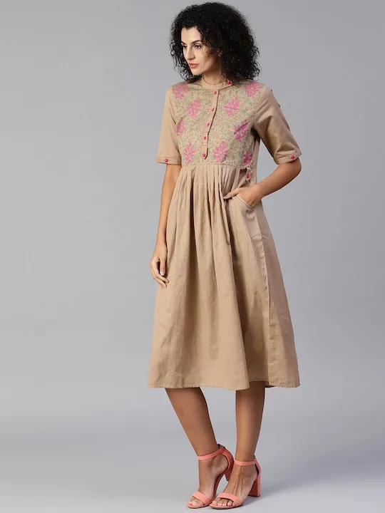 Women Beige Solid Midi Empire Dress