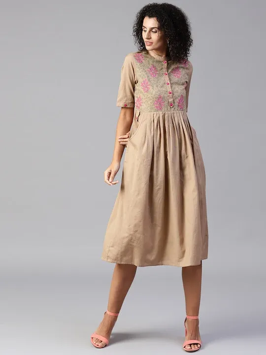 Women Beige Solid Midi Empire Dress