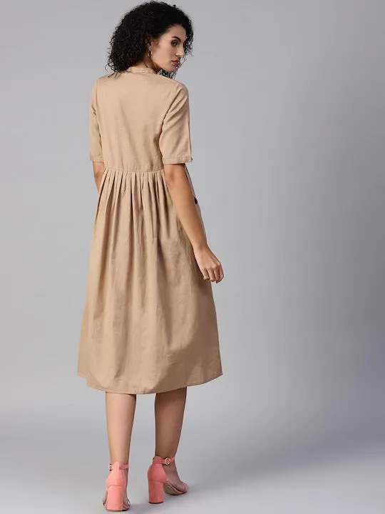 Women Beige Solid Midi Empire Dress