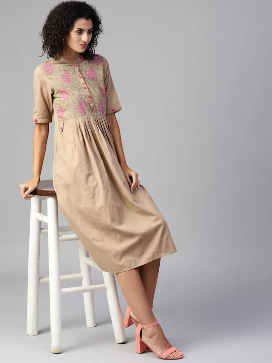 Women Beige Solid Midi Empire Dress