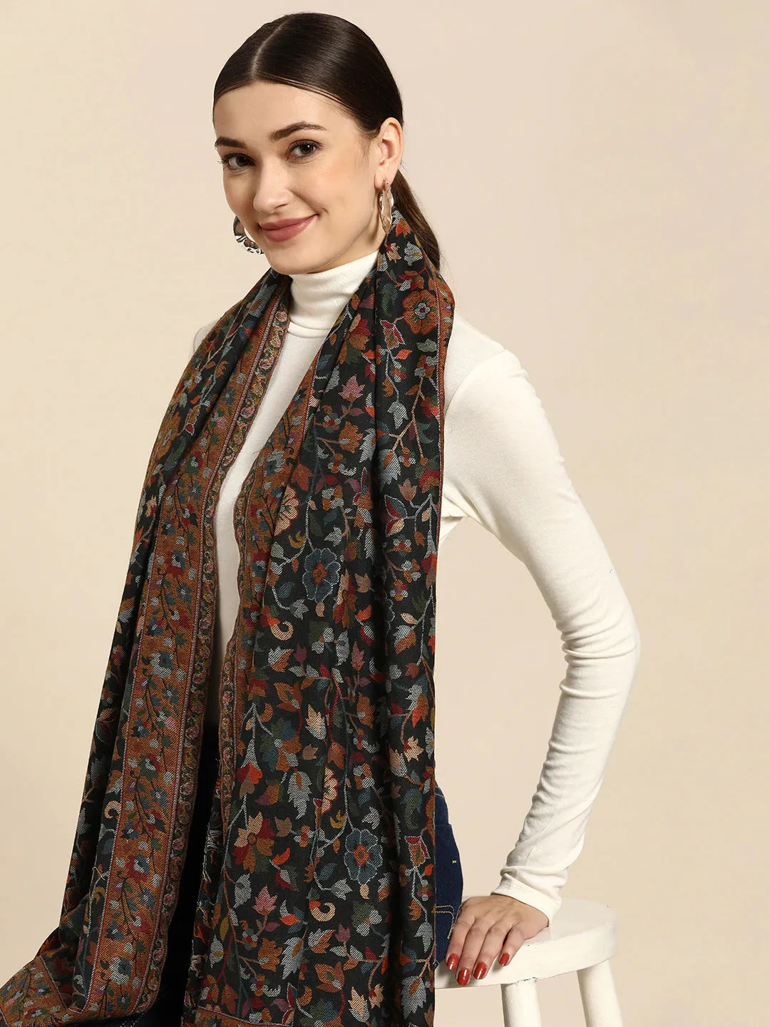 Women Black Woollen Kashmiri Kaani Weave Shawl