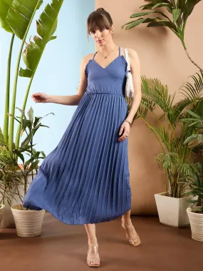 Women Blue Strappy Pleated Maxi Dress