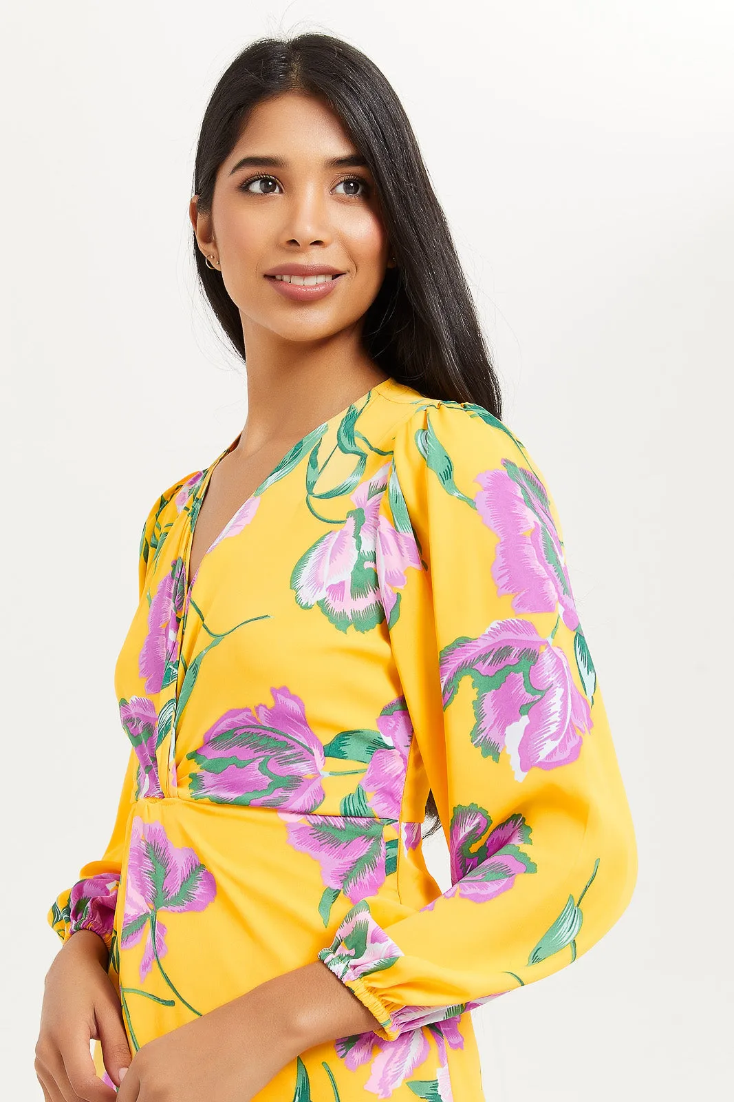 Women Yellow Printed Satin Knot Front Dress