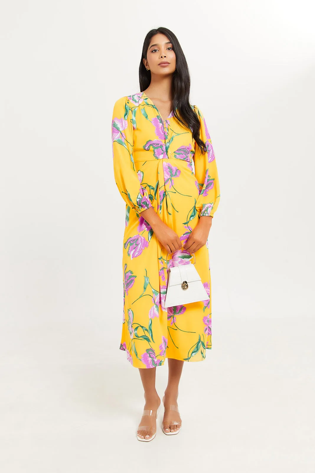 Women Yellow Printed Satin Knot Front Dress