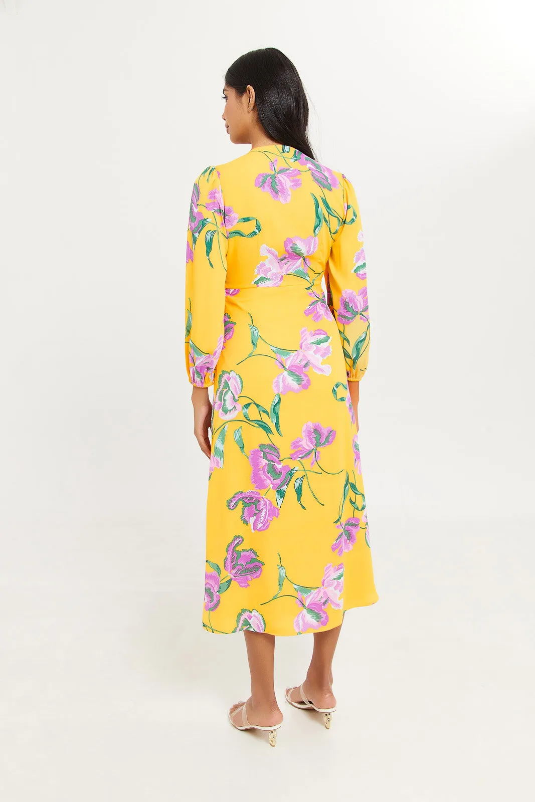 Women Yellow Printed Satin Knot Front Dress