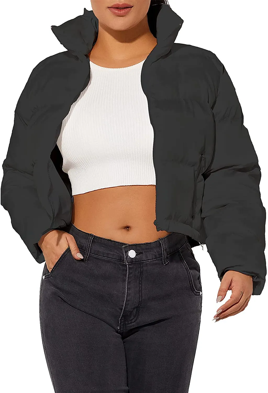 Women's Crop Short Black Jacket Cropped Puffer Fashion Jackets for Women Short Lightweight Coat