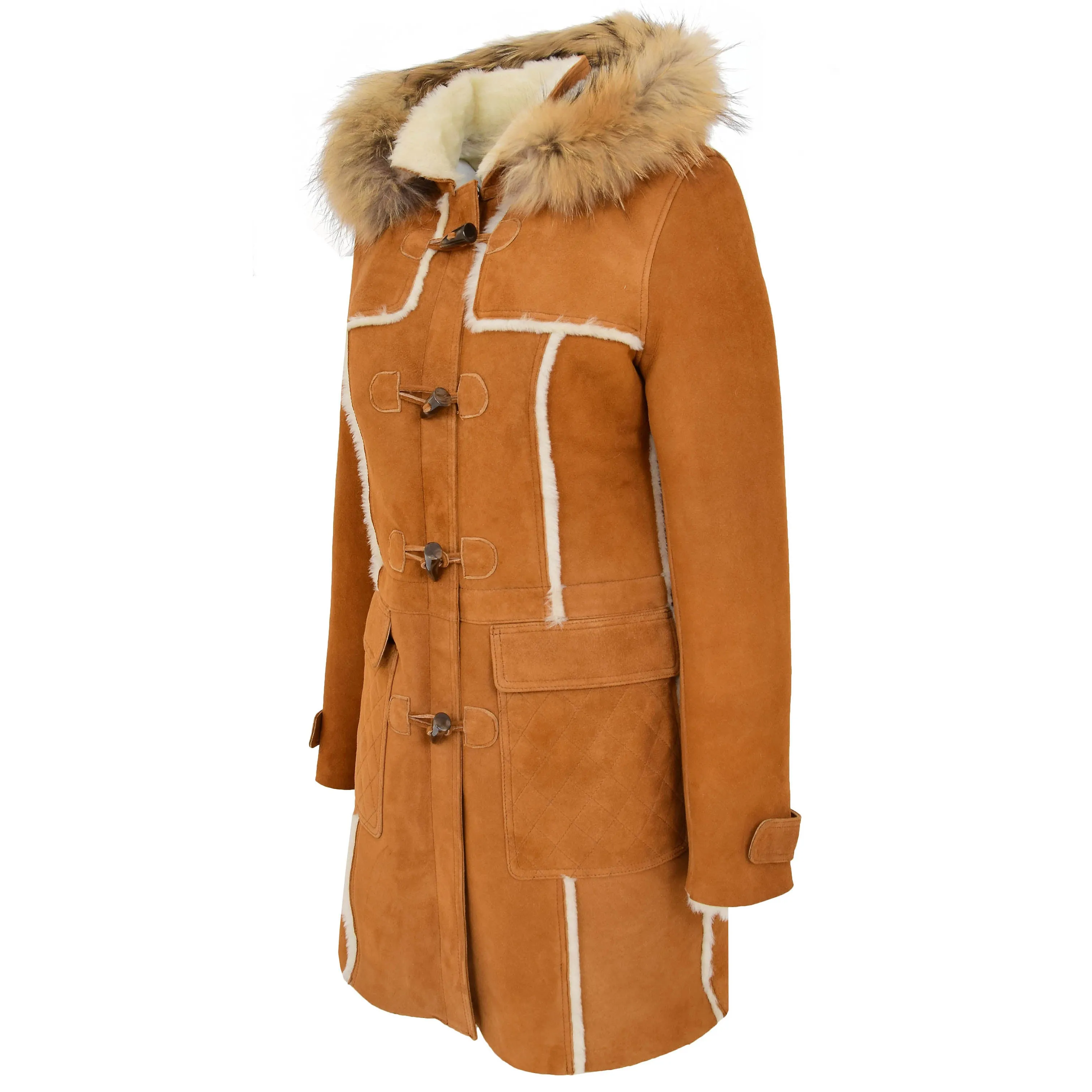 Womens Genuine Sheepskin Duffle Coat Hooded Shearling Jacket Evie Tan