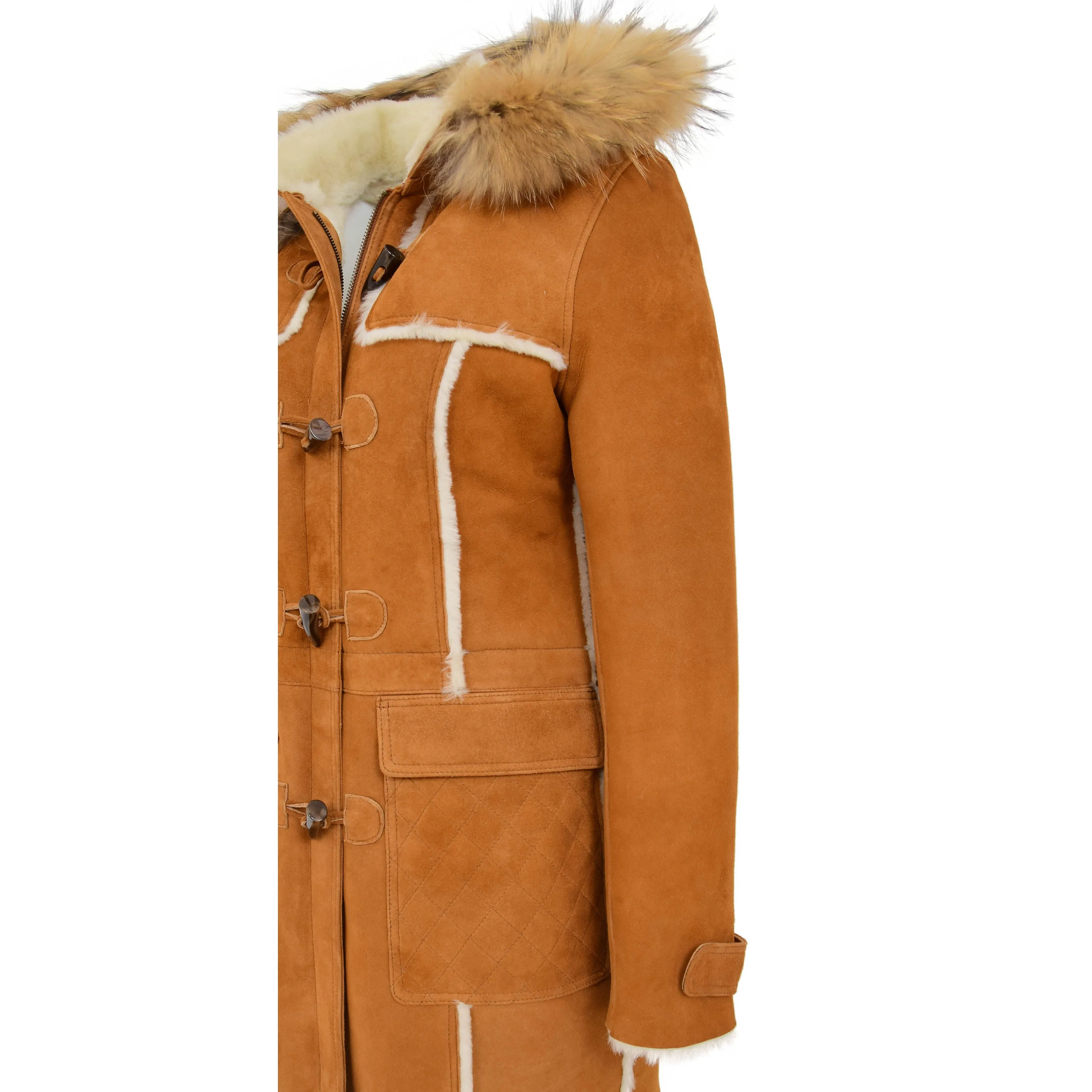 Womens Genuine Sheepskin Duffle Coat Hooded Shearling Jacket Evie Tan