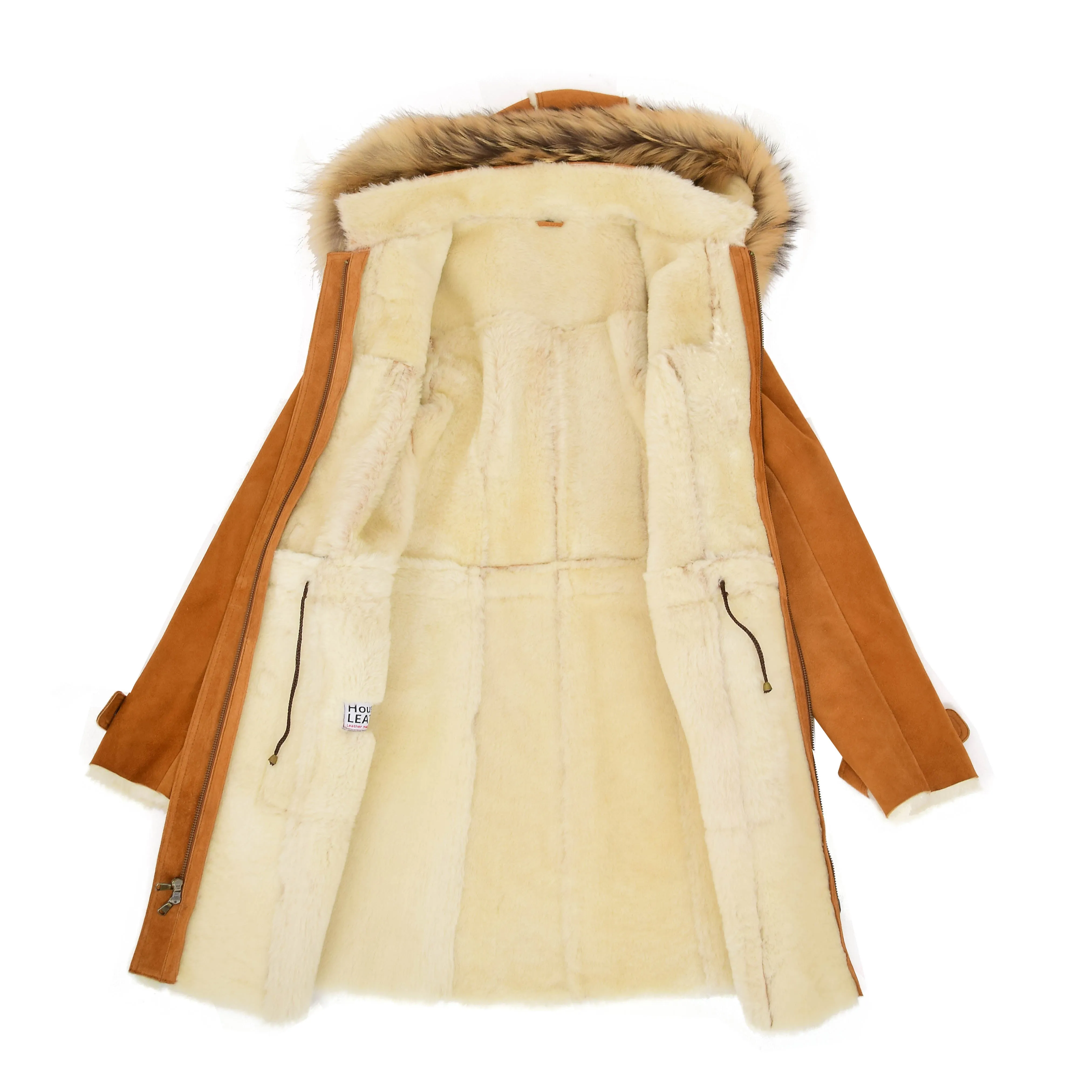 Womens Genuine Sheepskin Duffle Coat Hooded Shearling Jacket Evie Tan