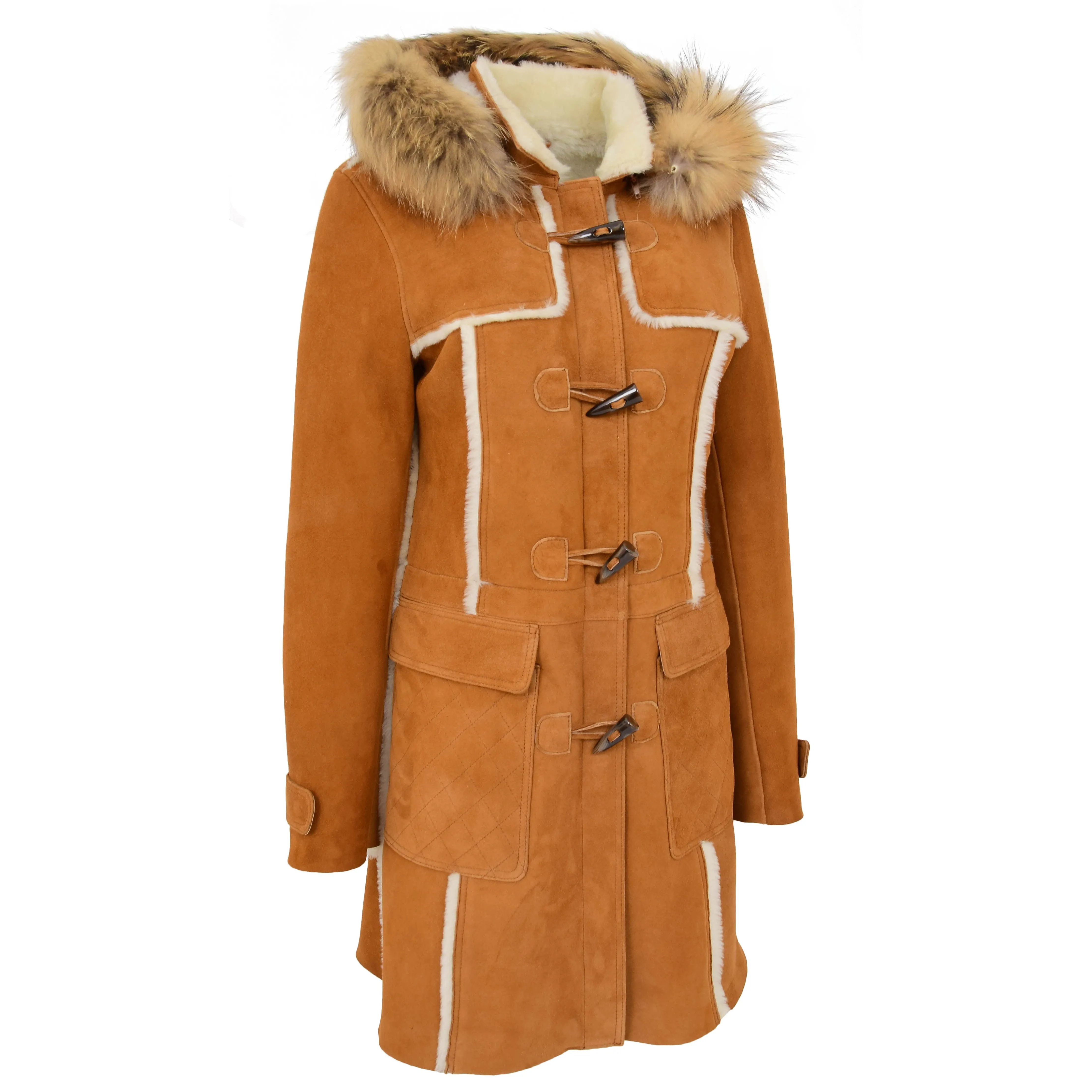 Womens Genuine Sheepskin Duffle Coat Hooded Shearling Jacket Evie Tan