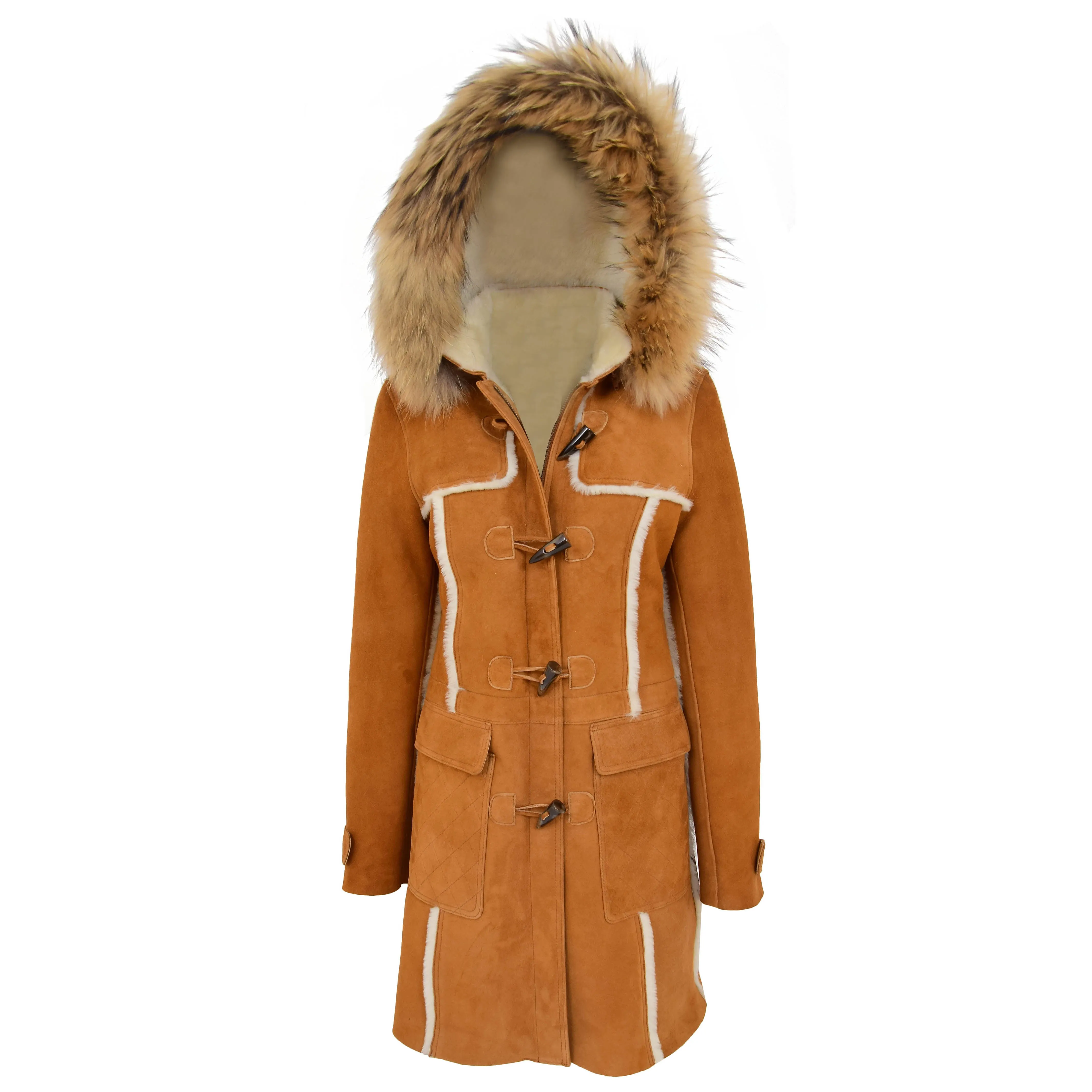 Womens Genuine Sheepskin Duffle Coat Hooded Shearling Jacket Evie Tan