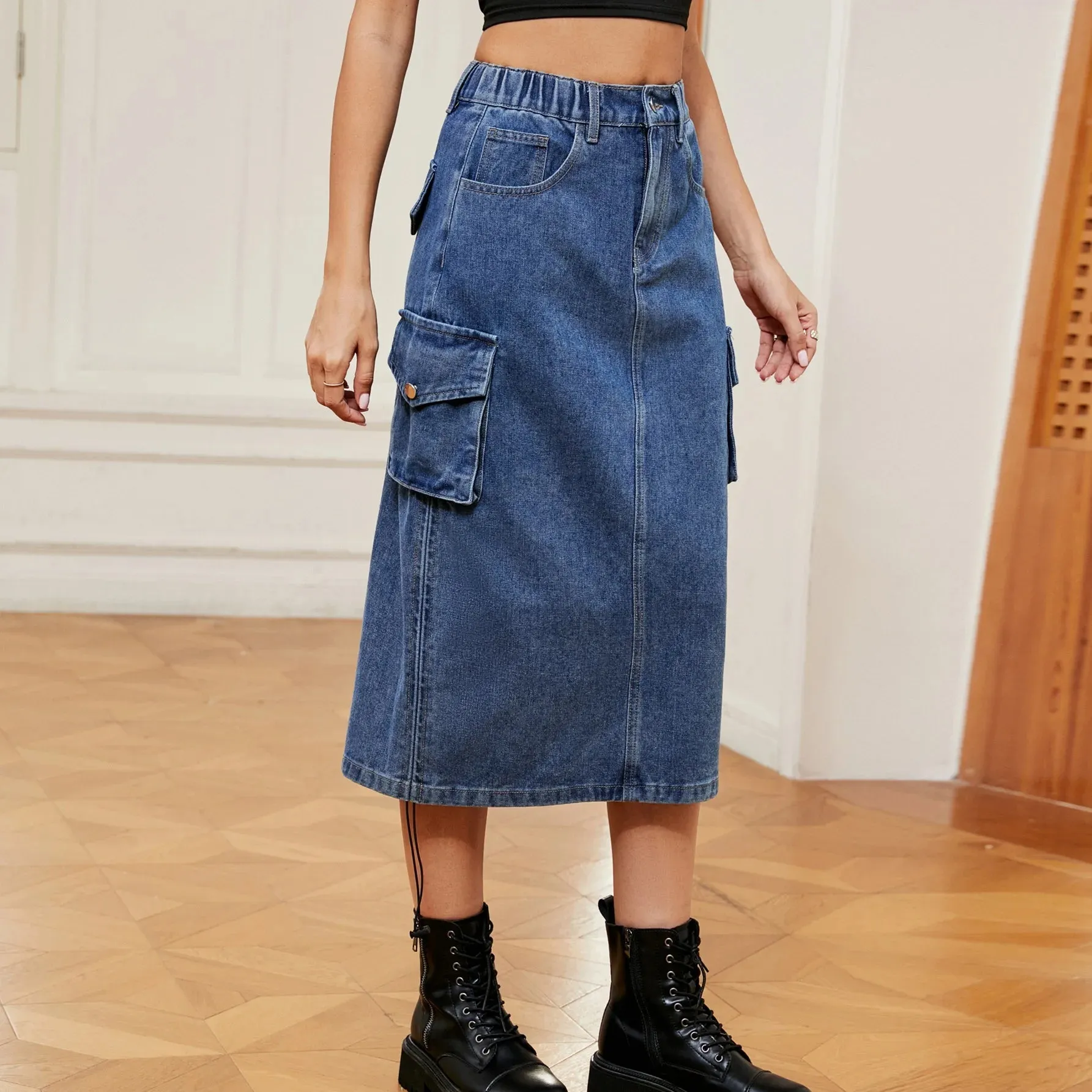 Women's Hight Waist Cargo Denim Fashion Designer Broadcloth Skirts (Midi)