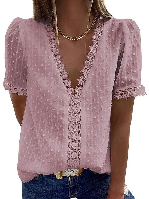 Women's Swiss Dot Lace Trim Deep V Neck T Shirt