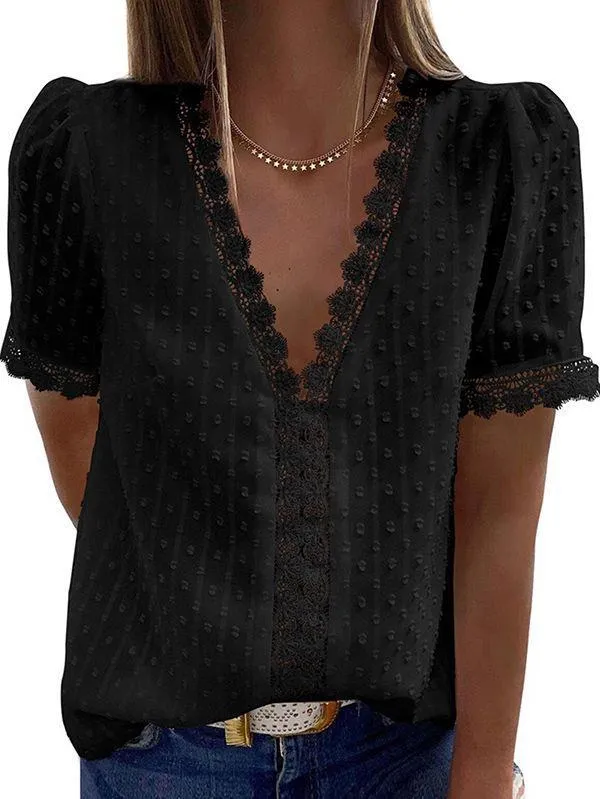 Women's Swiss Dot Lace Trim Deep V Neck T Shirt