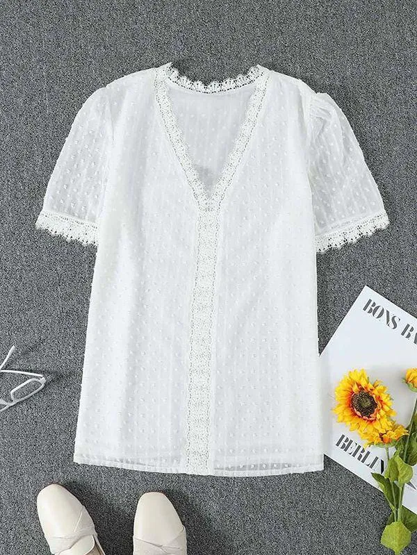 Women's Swiss Dot Lace Trim Deep V Neck T Shirt