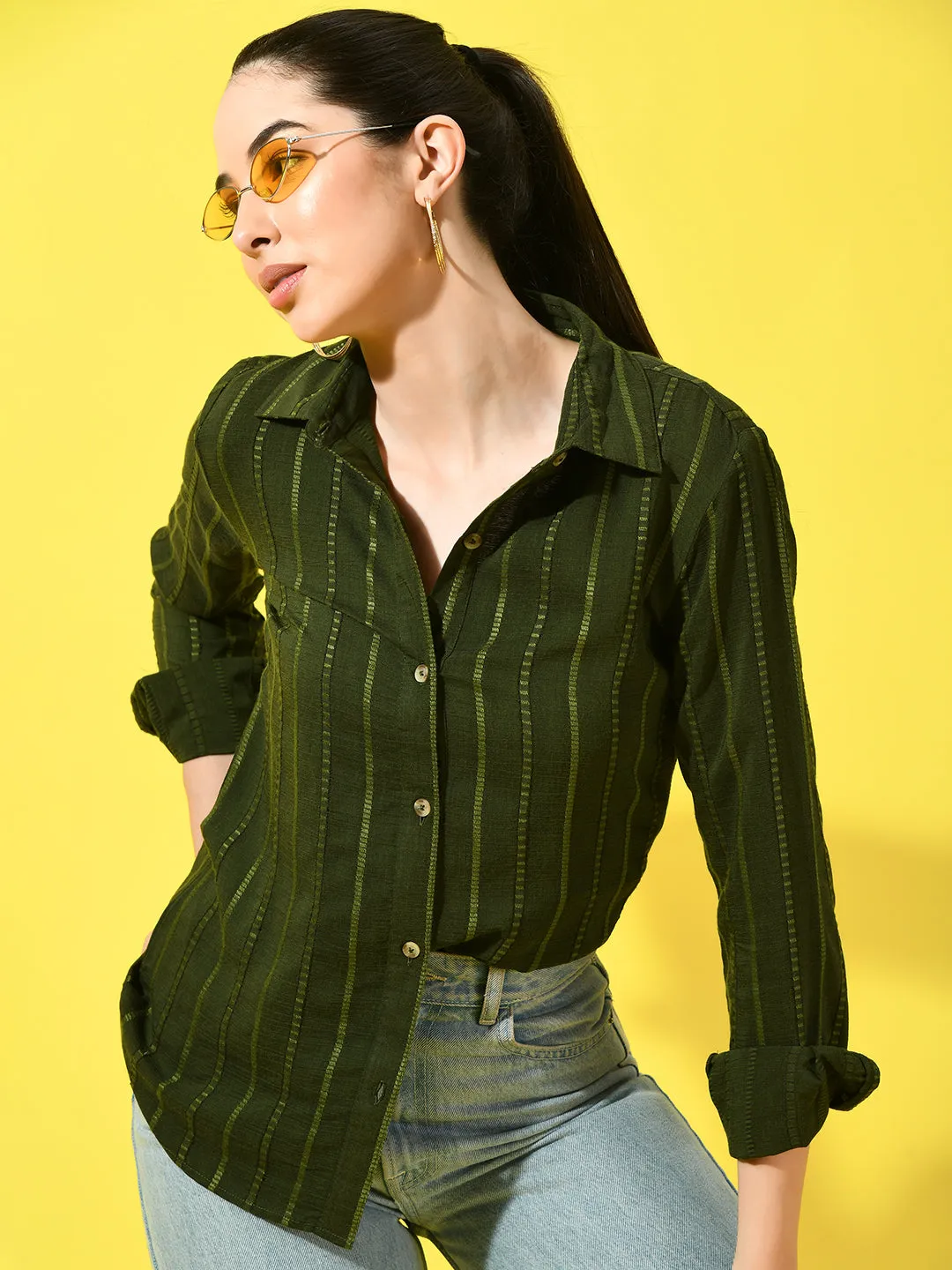 Women's Vertical Striped Green Shirt