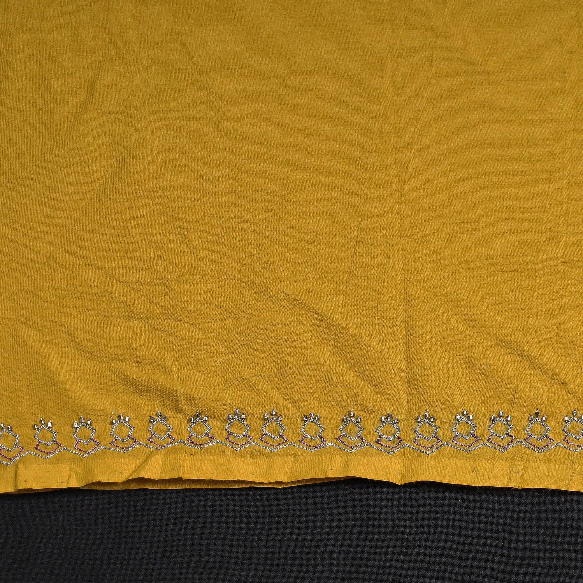 Yellow - Hand Embroidery Plain Cotton Kurta Material - 3 Meter